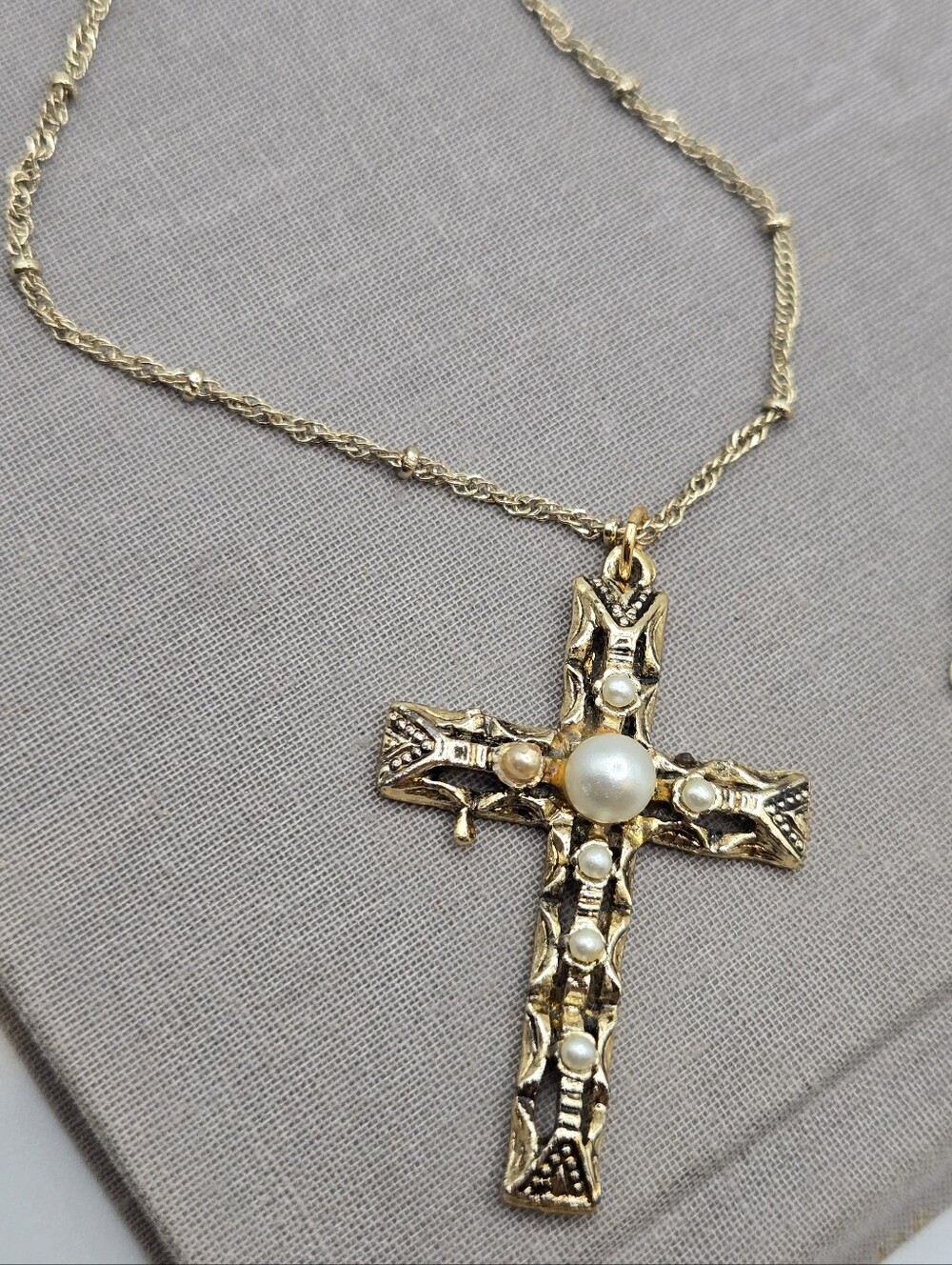 Vintage Gold Brutalist Cross Crucifix Necklace victorian Revival Tiny Pearls 19"